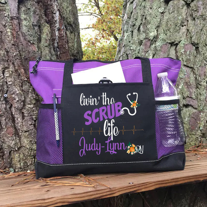 Personalized Scrub Life Floral Tote Bag, Nursing tote bags