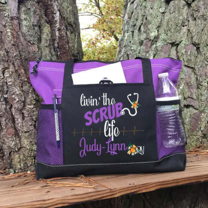 Personalized Scrub Life Floral Tote Bag, Nursing tote bags