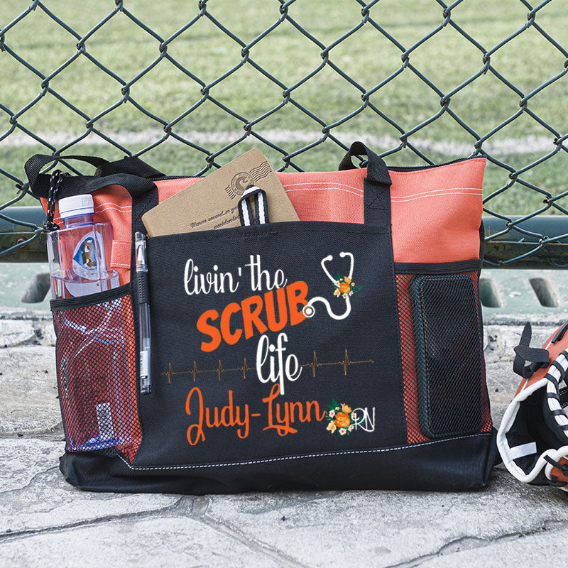 Personalized Scrub Life Floral Tote Bag, Nursing tote bags