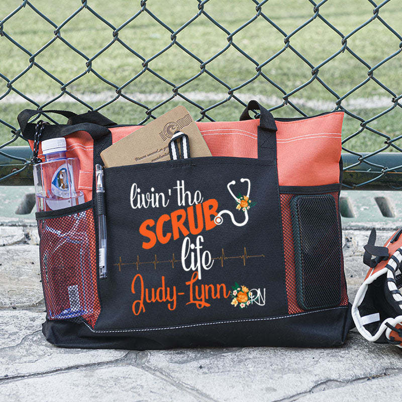 Personalized Scrub Life Floral Tote Bag, Nursing tote bags