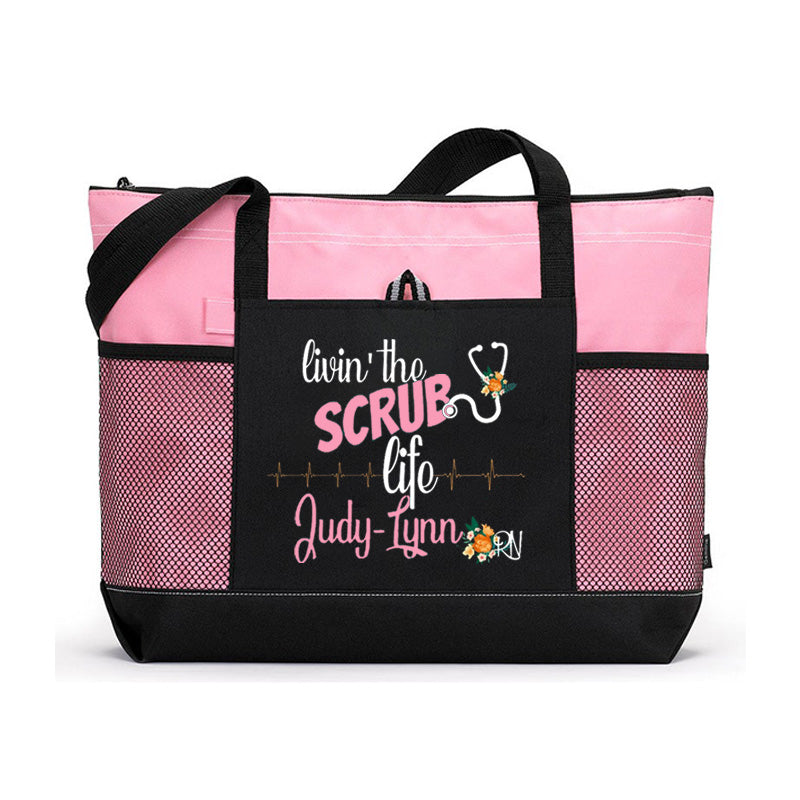 Personalized Scrub Life Floral Tote Bag, Nursing tote bags