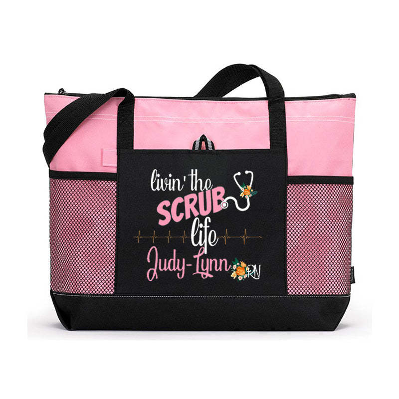 Personalized Scrub Life Floral Tote Bag, Nursing tote bags