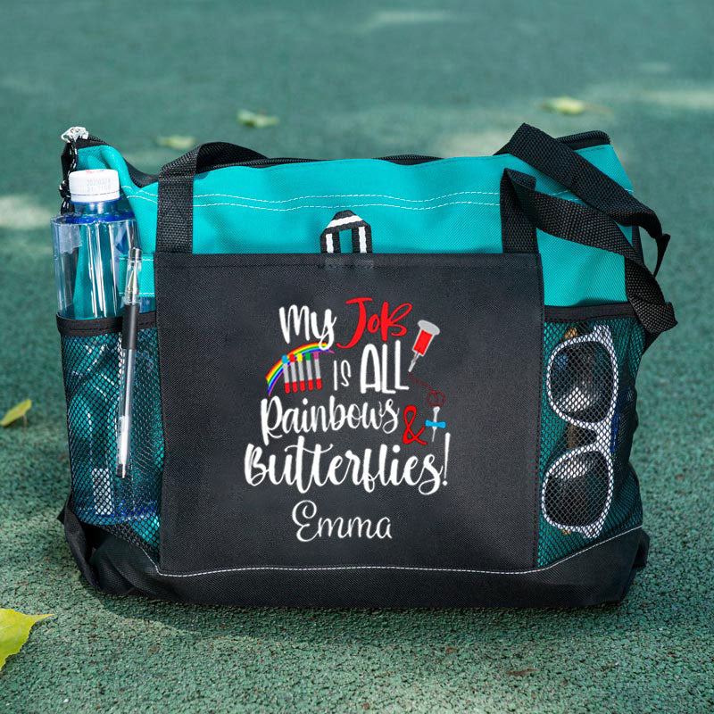 Personalized Rainbows and Butterflies Tech Tote Bag, gift for Medical Lab Technician, LT, MLT, Lab Tech Appreciation