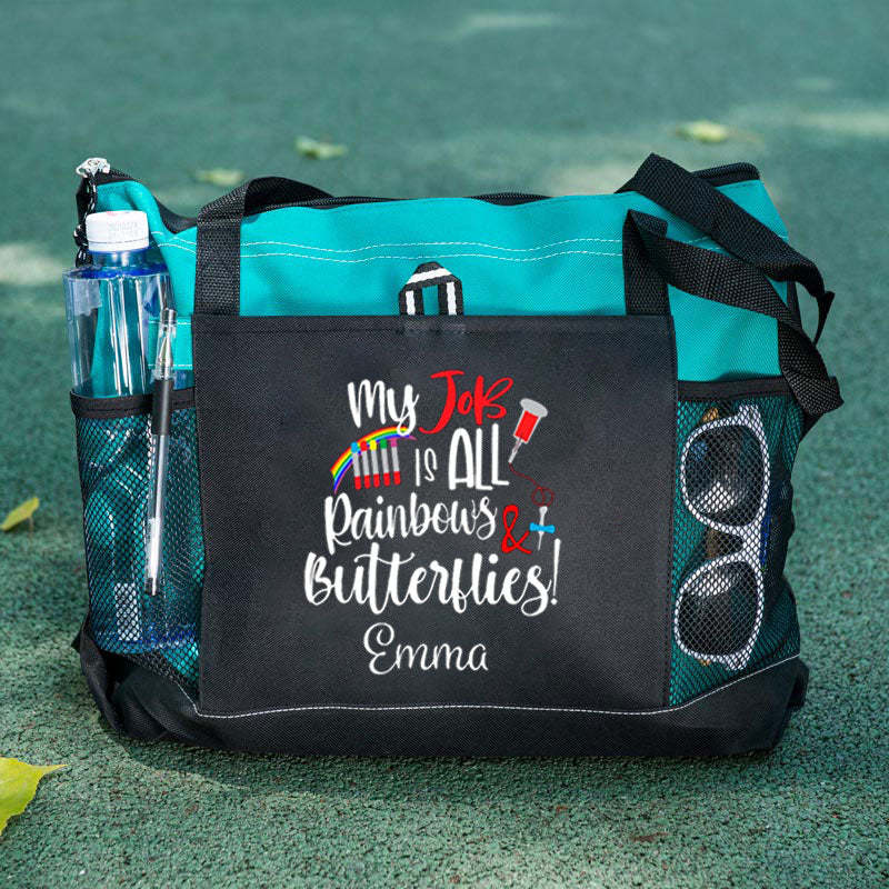 Personalized Rainbows and Butterflies Tech Tote Bag, gift for Medical Lab Technician, LT, MLT, Lab Tech Appreciation