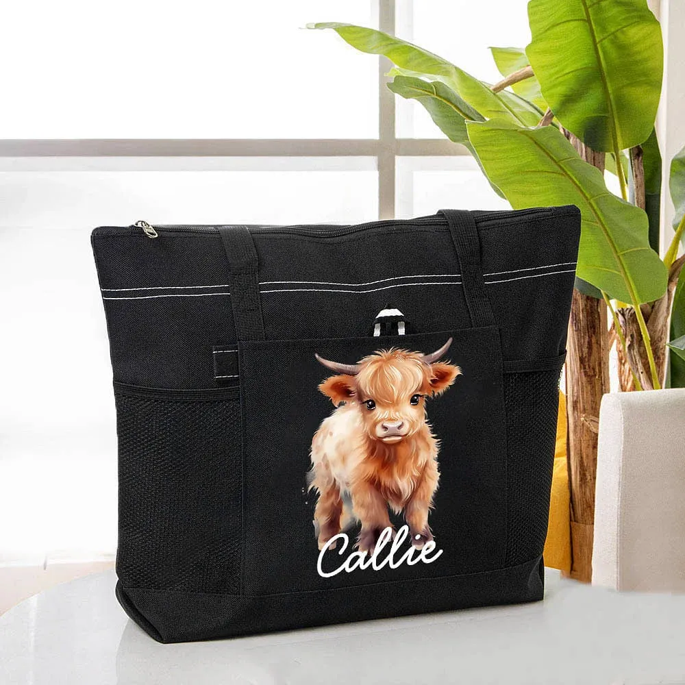 Personalized Highland Cow Lovers Tote Bag with Mesh Pocket