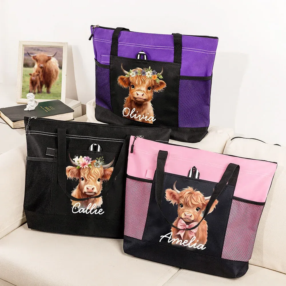 Personalized Highland Cow Lovers Tote Bag with Mesh Pocket