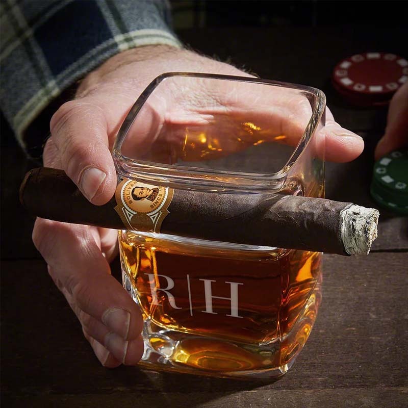 Custom Whiskey Glass with Cigar Holder - Personalized Glass Engraved Cigar Accessories for Whiskey Lovers