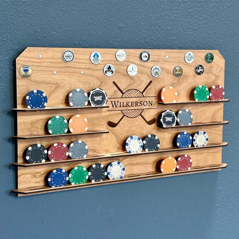 Personalized Wall Golf Ball Marker Display - Poker Chip and Magnetic Display - Unique Golf Gift for Him