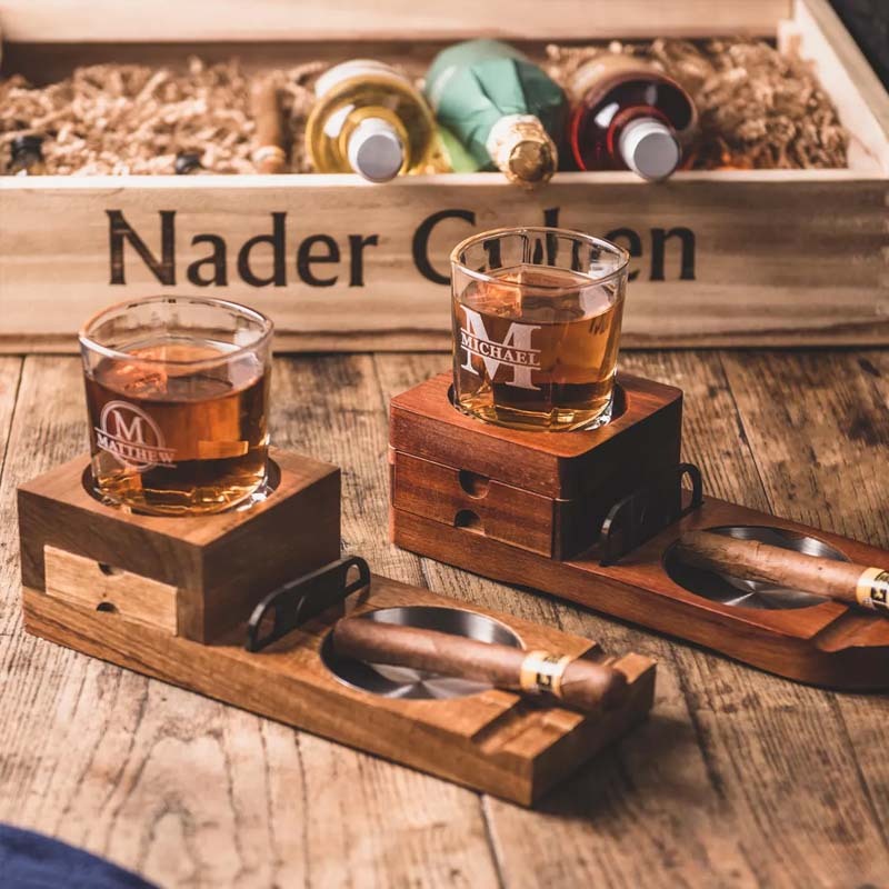 Personalized whiskey glass and wooden cigar ashtray with whiskey glass holder