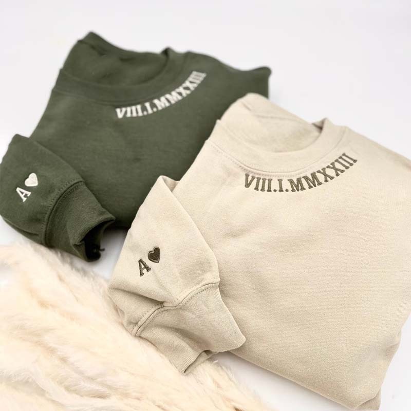 Custom Embroidered Roman Numeral on Neck With Initials on Sleeve Unisex Sweatshirt or Hoodie Valentine's Day Sweatshirt