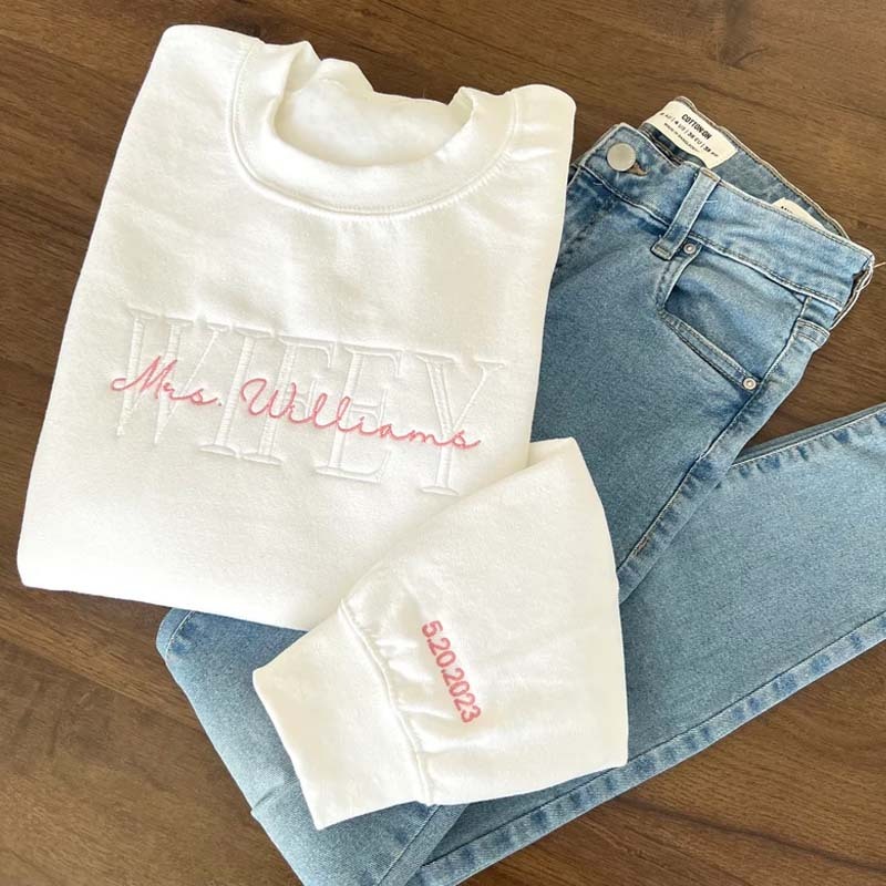 Custom Mrs. Embroidered Sweatshirt Date On Sleeve Engagement Gift Bride To Be
