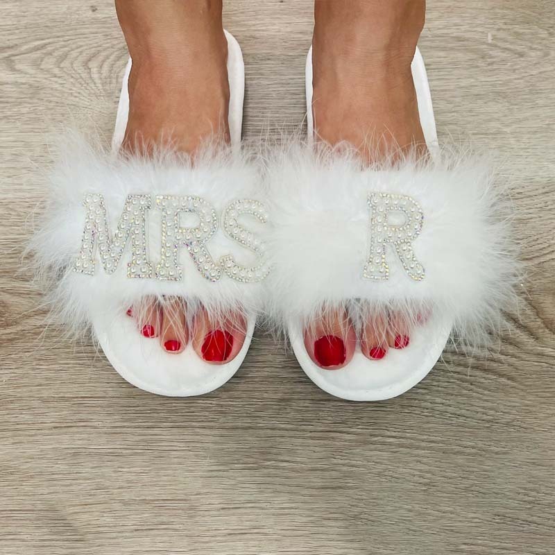 Feather Bride Slippers| I Do Slippeers|Customized Slippers|Peal Rhinestone Slippers