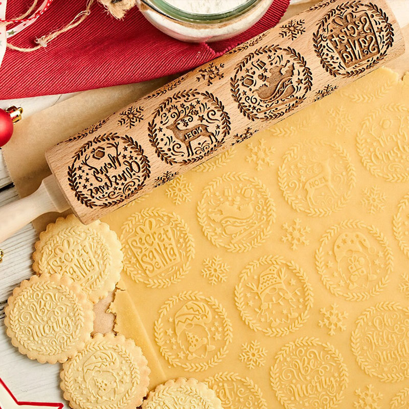 Laser Engraved Christmas Cheer Rolling Pin, Xmas Cookie Stamp