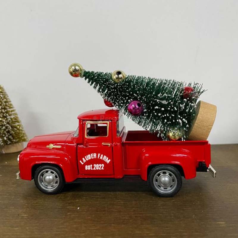 Engraved Red Truck with Christmas Tree Decor Metal Farm Truck