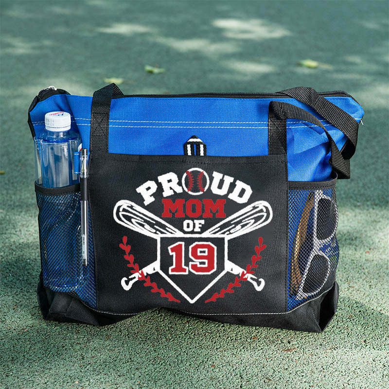 Proud Baseball Mom Jersey Number Tote Bag