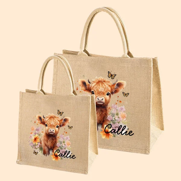 Personalized Flower Highland Cow Jute Tote Bag