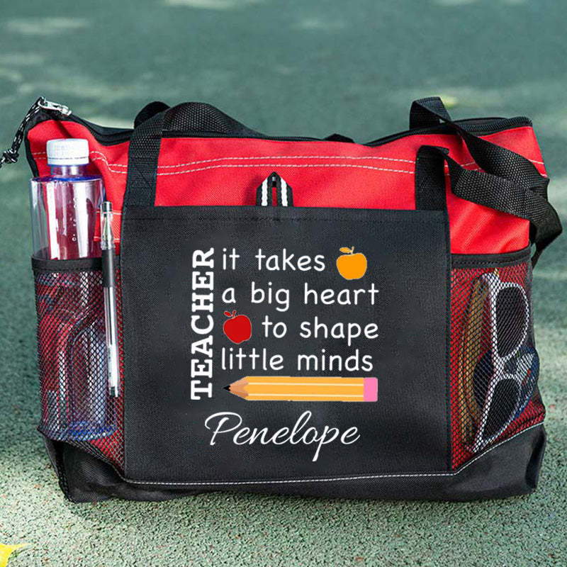 It Takes a Big Heart to Shape Little Minds Apple and Pencil Teacher Tote Bag