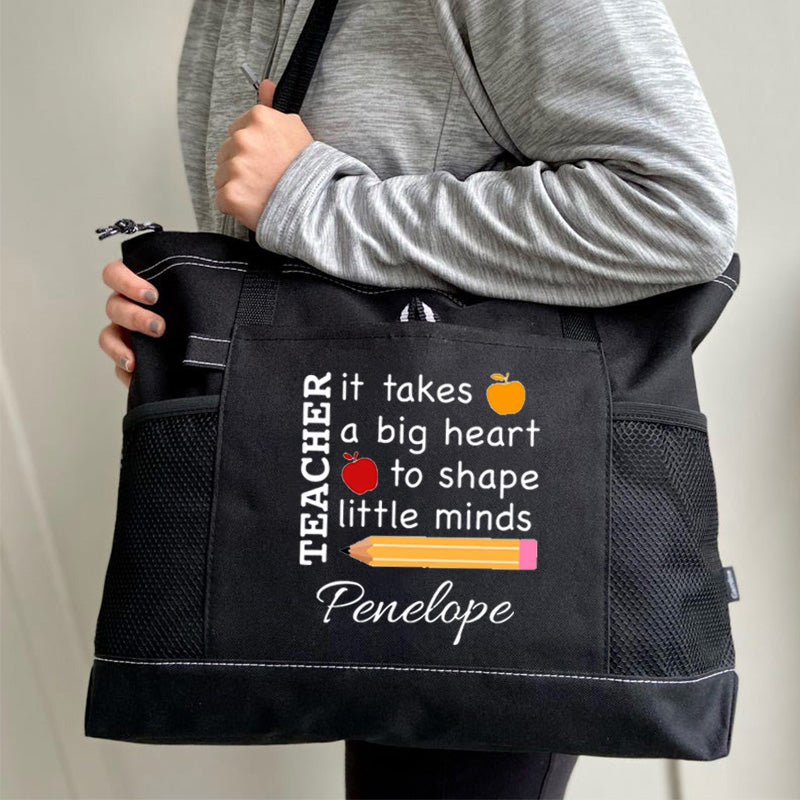It Takes a Big Heart to Shape Little Minds Apple and Pencil Teacher Tote Bag