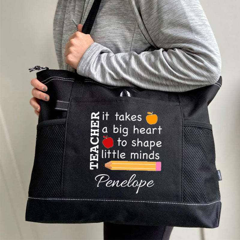 It Takes a Big Heart to Shape Little Minds Apple and Pencil Teacher Tote Bag