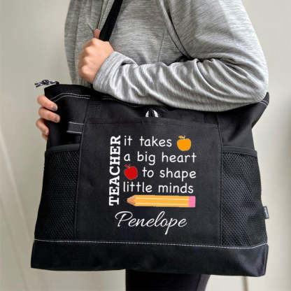 It Takes a Big Heart to Shape Little Minds Apple and Pencil Teacher Tote Bag