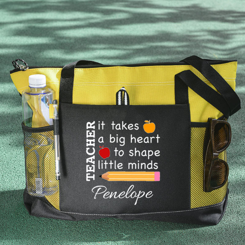 It Takes a Big Heart to Shape Little Minds Apple and Pencil Teacher Tote Bag
