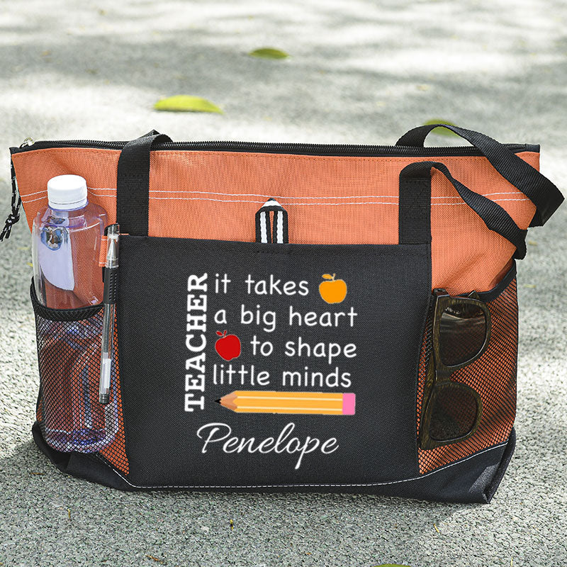 It Takes a Big Heart to Shape Little Minds Apple and Pencil Teacher Tote Bag