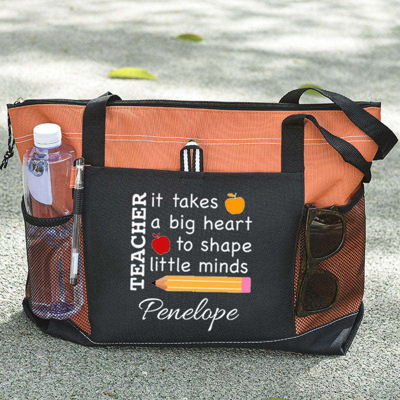 It Takes a Big Heart to Shape Little Minds Apple and Pencil Teacher Tote Bag
