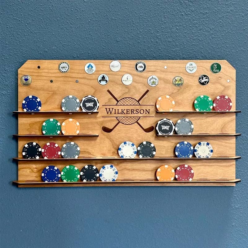 Personalized Wall Golf Ball Marker Display - Poker Chip and Magnetic Display - Unique Golf Gift for Him