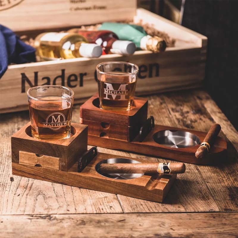 Personalized whiskey glass and wooden cigar ashtray with whiskey glass holder