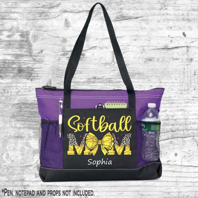 Custom Sport Softball/ Baseball Mom With Bow Tote Bag Game Day Mom Tote Bag