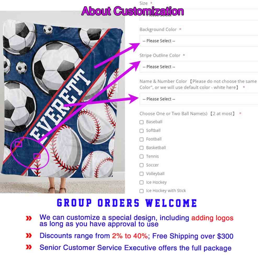 Personalized Multi Sport Ball Blanket with 2 Kinds of Sport