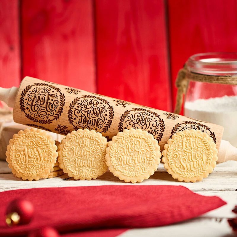 Laser Engraved Christmas Cheer Rolling Pin, Xmas Cookie Stamp