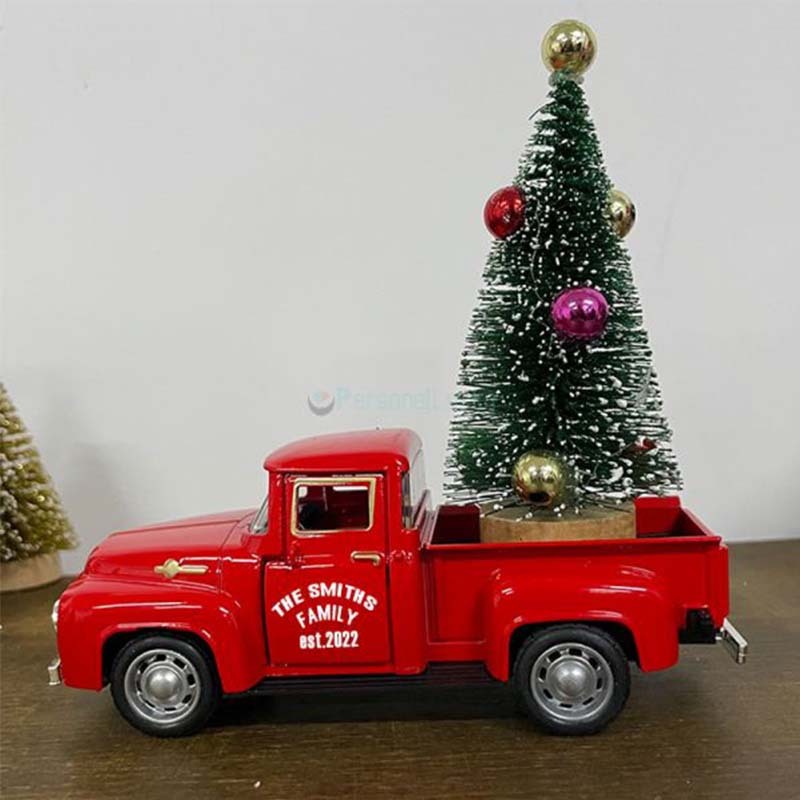 Engraved Red Truck with Christmas Tree Decor Metal Farm Truck