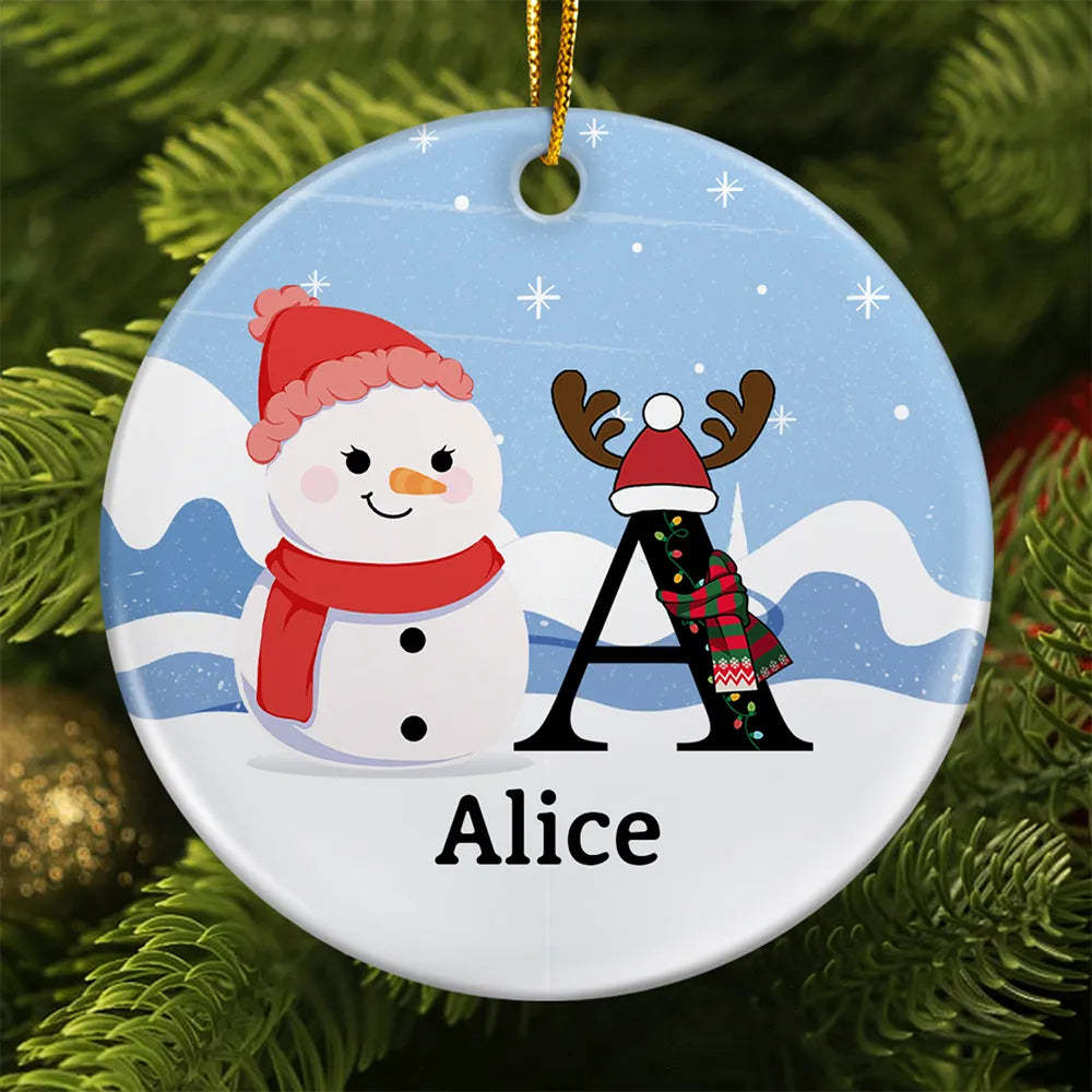 Christmas Snowman Monogram - Personalized Circle Ceramic Ornament