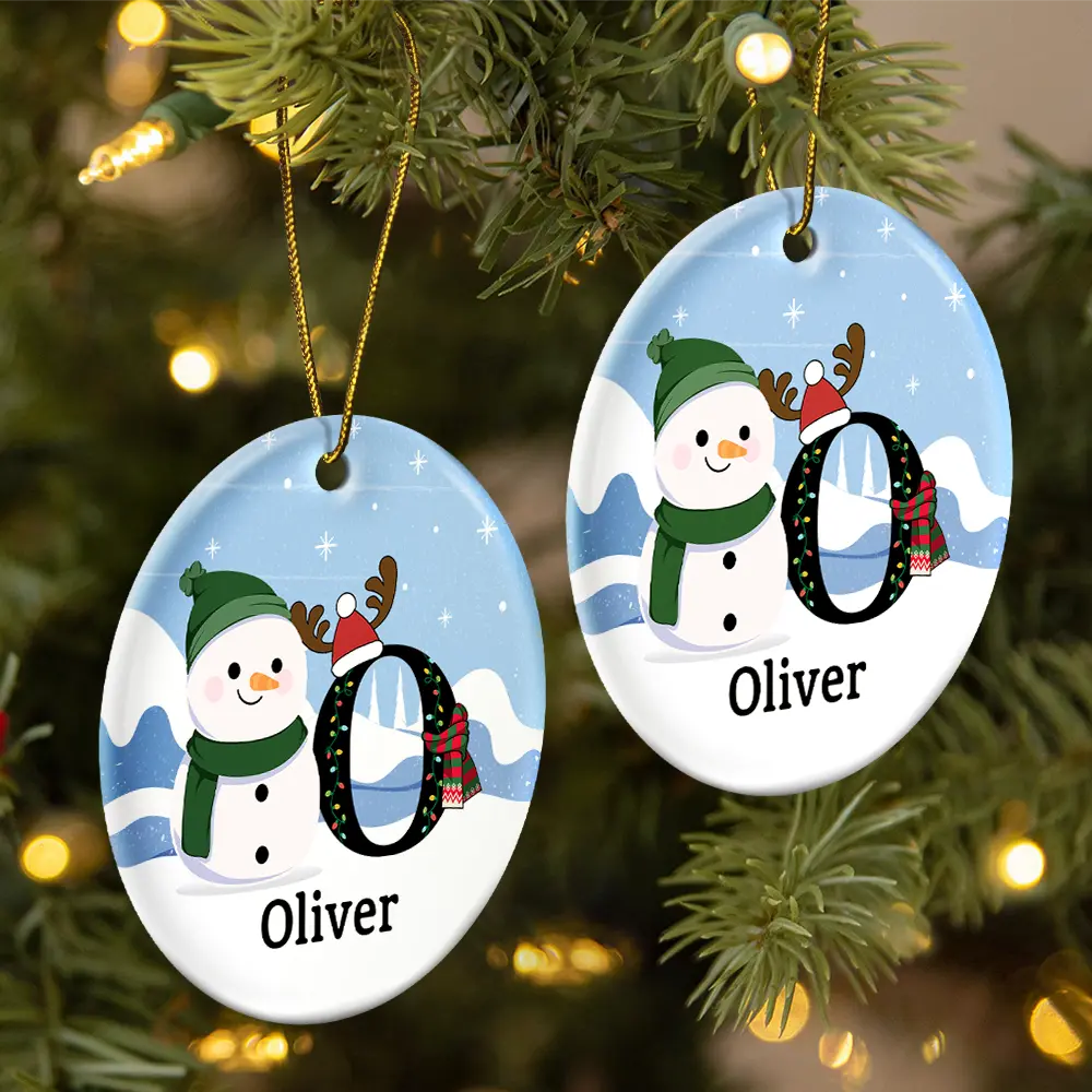 Christmas Snowman Monogram - Personalized Circle Ceramic Ornament