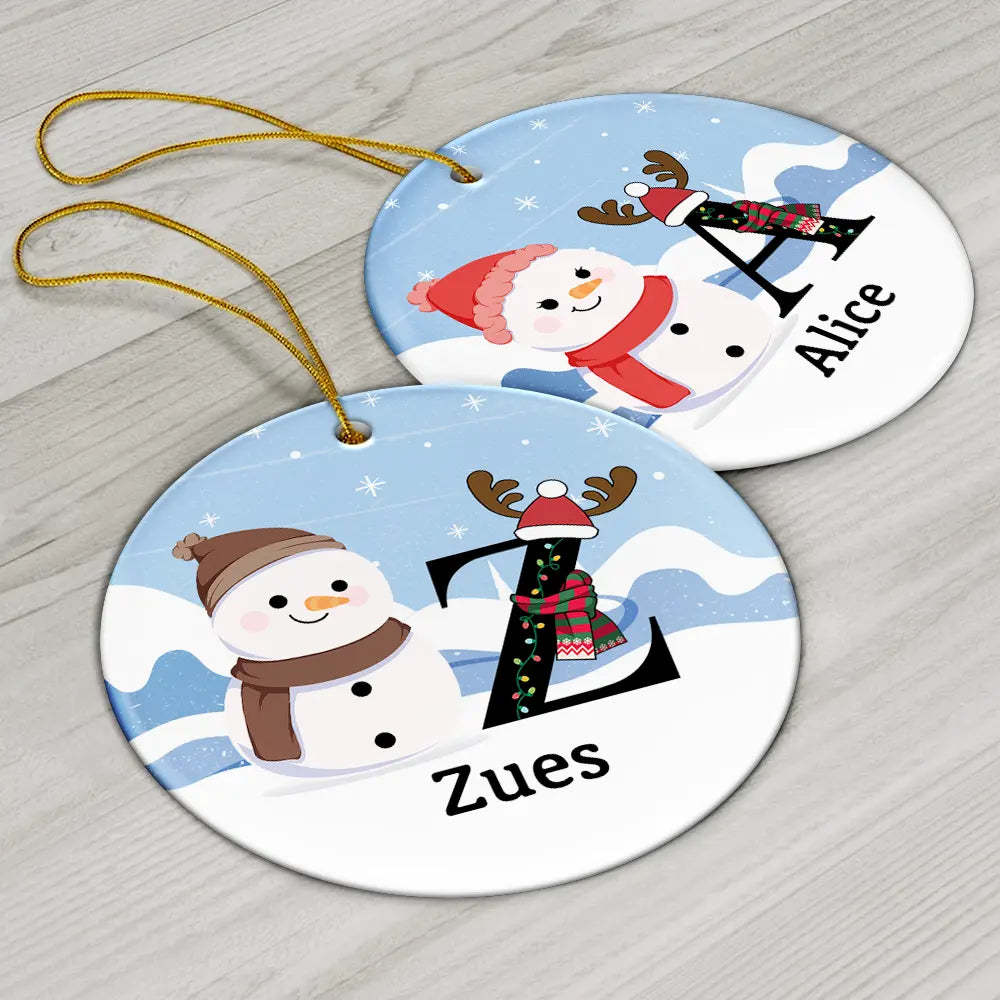 Christmas Snowman Monogram - Personalized Circle Ceramic Ornament