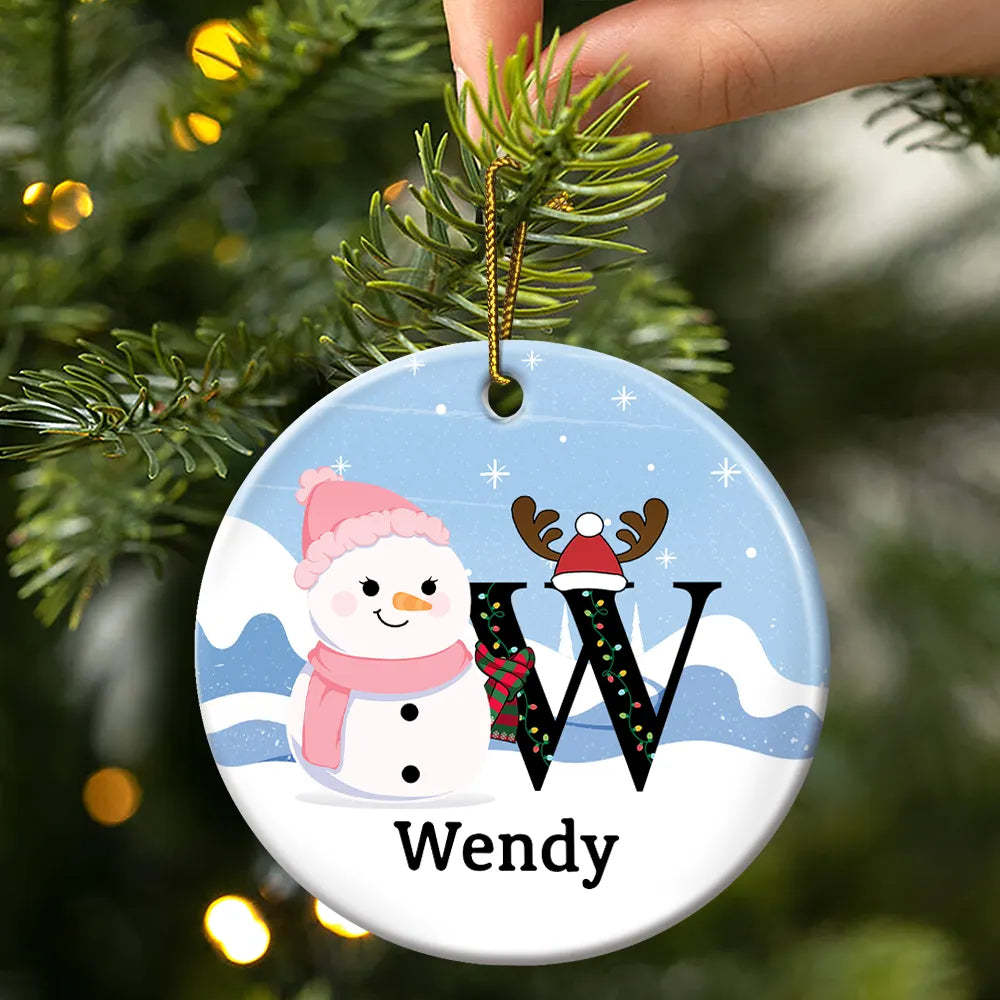 Christmas Snowman Monogram - Personalized Circle Ceramic Ornament