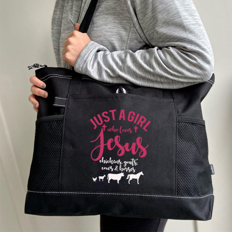 Just a Girl Who Loves Jesus Chickens Cows Horses Goats Tote Bag