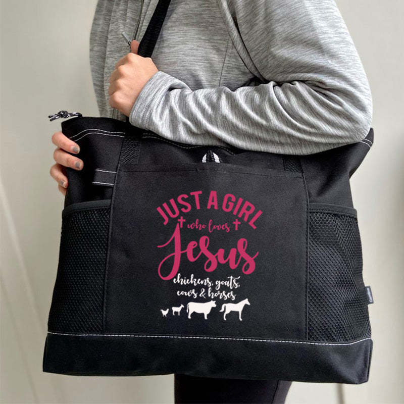 Just a Girl Who Loves Jesus Chickens Cows Horses Goats Tote Bag
