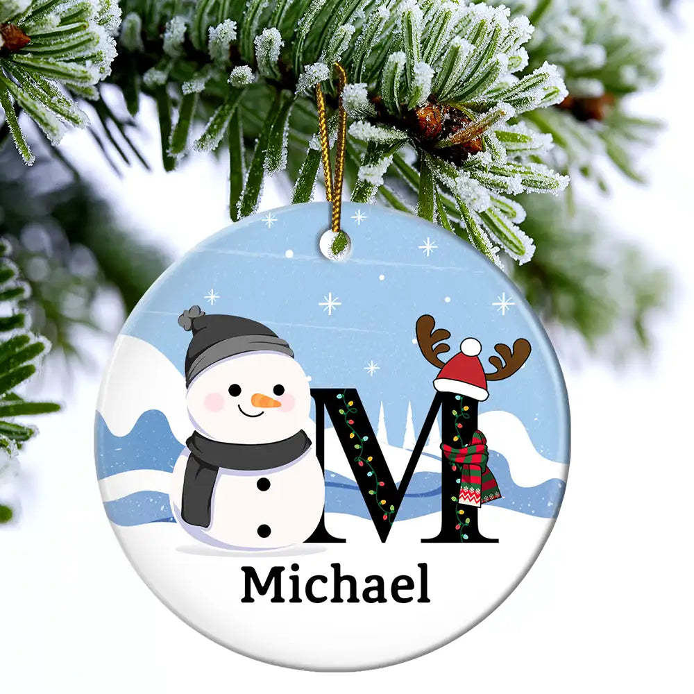 Christmas Snowman Monogram - Personalized Circle Ceramic Ornament