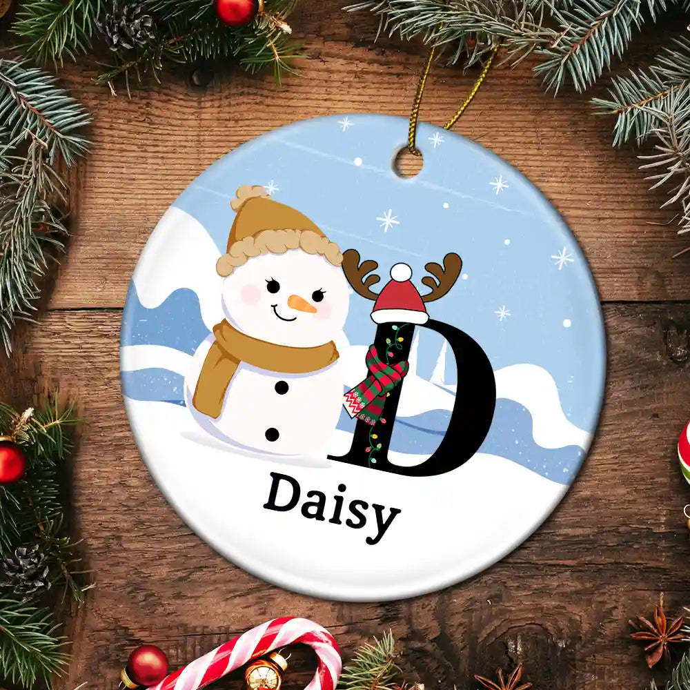 Christmas Snowman Monogram - Personalized Circle Ceramic Ornament