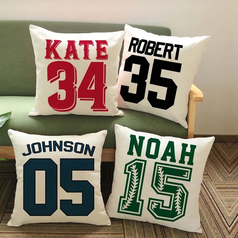 Personalized Sports Throw Pillow Cover Decor w/Number & Name - Baseball Basketball Football Soccer Pillows Case