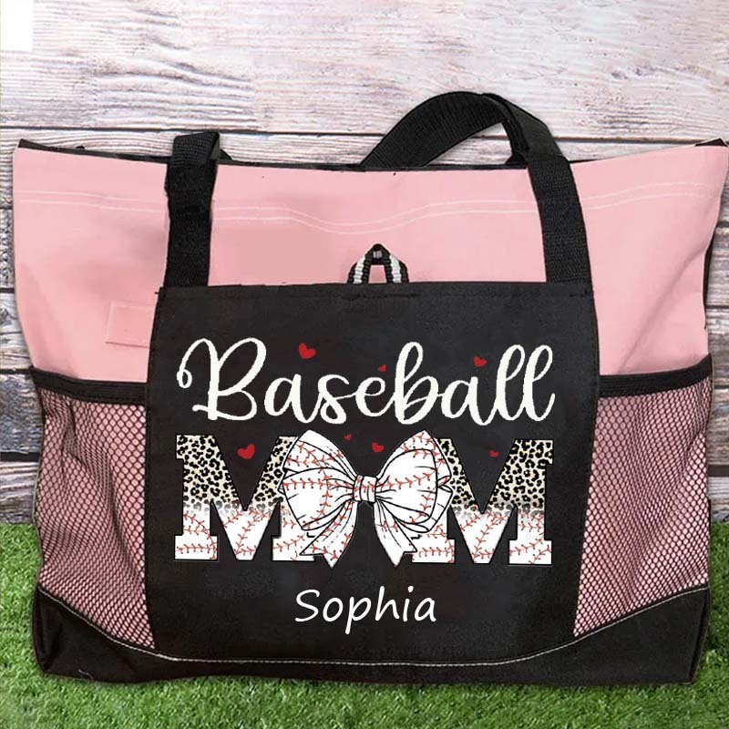 Custom Sport Softball/ Baseball Mom With Bow Tote Bag Game Day Mom Tote Bag