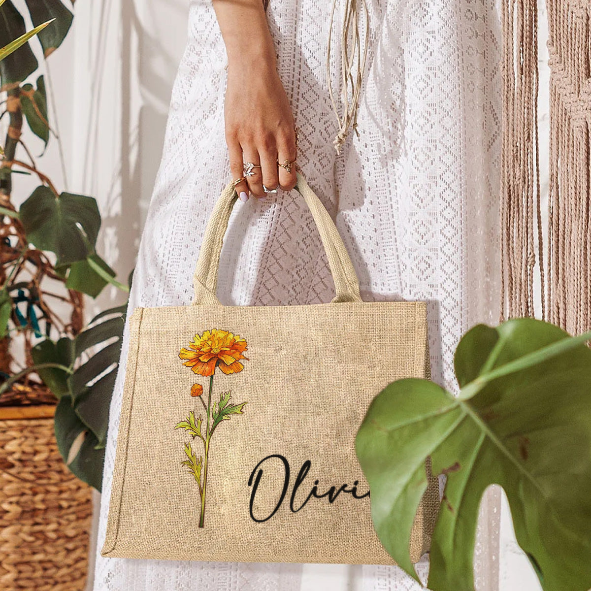 Birth Flower Beach - Personalized Custom Jute Tote Bag