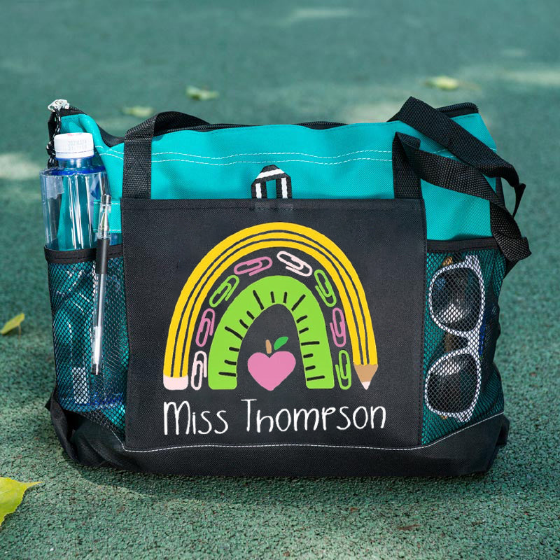 Teacher tote bag, personalized rainbow bag