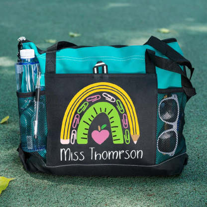 Teacher tote bag, personalized rainbow bag