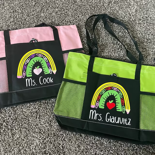 Teacher tote bag, personalized rainbow bag