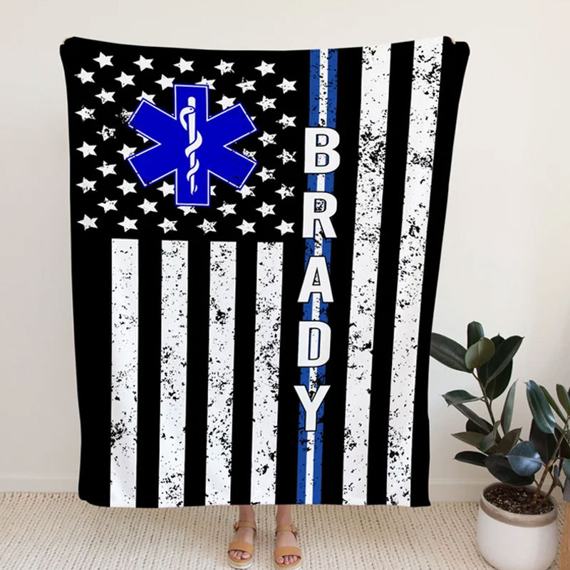 Medical Worker Gift, Personalized EMS EMT Paramedic Thin White Line Blanket