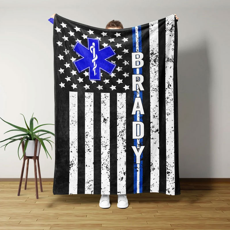 Medical Worker Gift, Personalized EMS EMT Paramedic Thin White Line Blanket