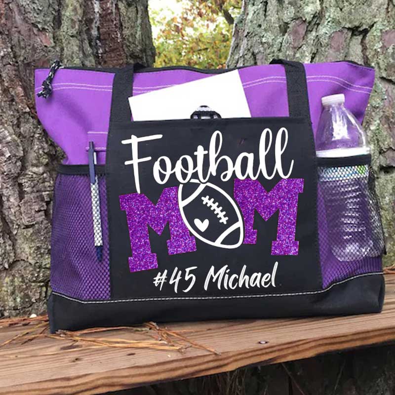 Personalized Football Mom Tote Bag with Name and Number